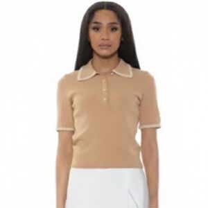 Alexia Admor “Brianna” Beige Short
Sleeve Knit Collared Top Size Large EUC!